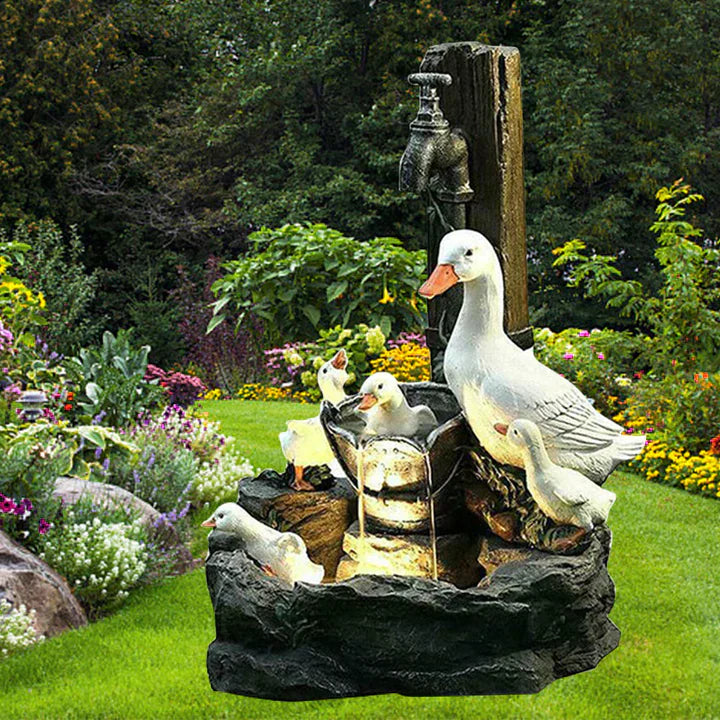 Garden Fountain - Quackhaven Duck Family Decorative Outdoor Water Feature for Tranquil Gardens, Lightweight Resin Design-1