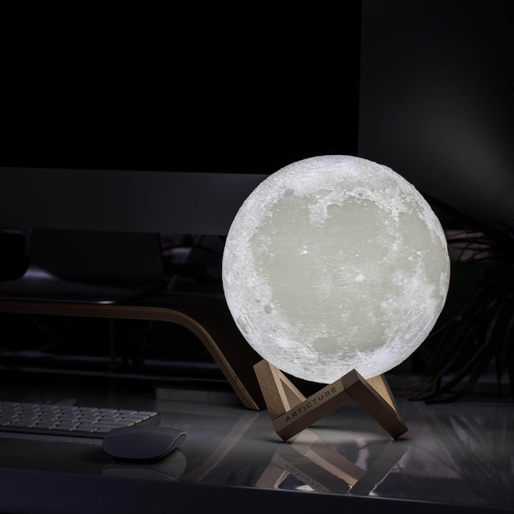 Wireless LED moon lamp with wooden stand and 6 light colors