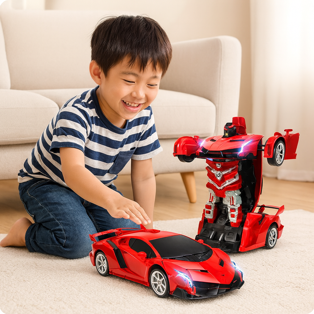 Remote-controlled transforming car with robot mode for children