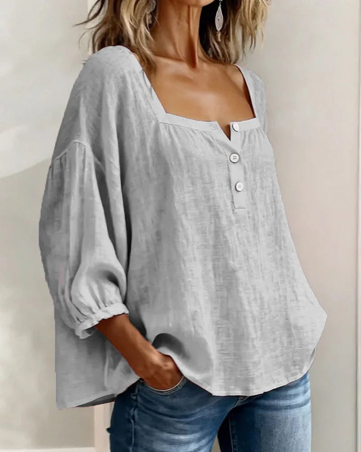 Cotton Blouse with Square Neckline and Long Sleeves