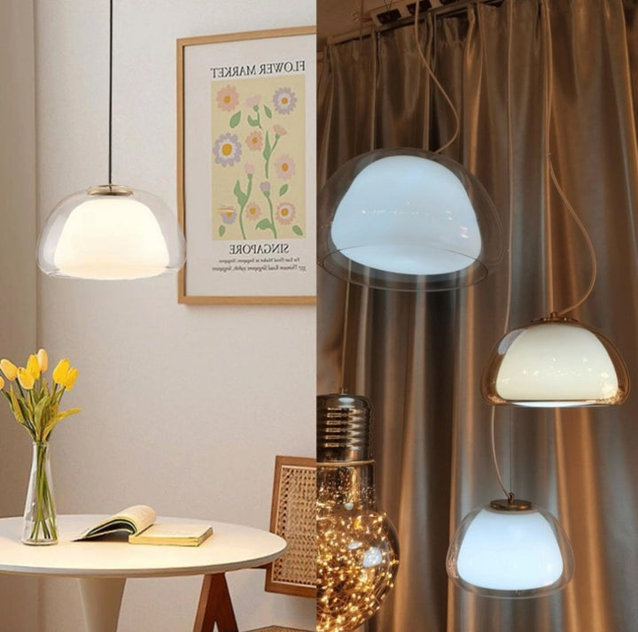 Glass pendant light with white shade and diffuser