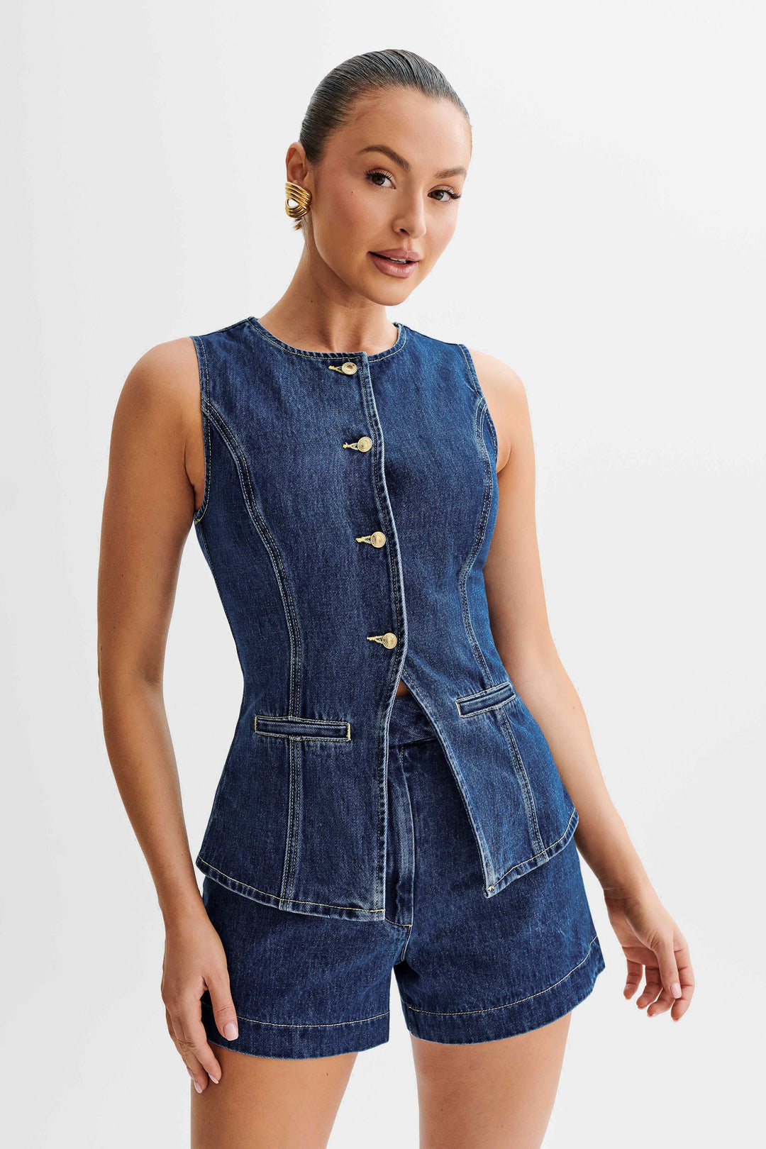 Women's Denim Set with Button Placket and Structured Silhouette