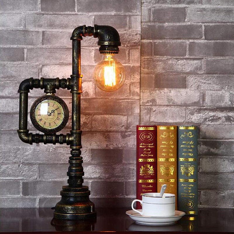 Vintage table lamp with clock – bronze, metal &amp; E27 socket