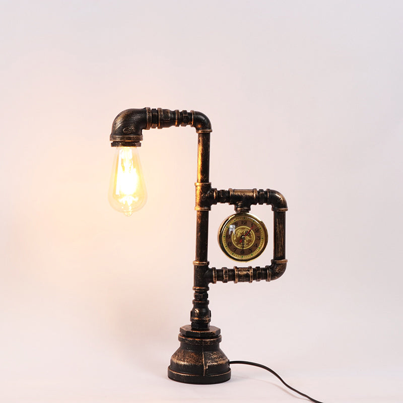 Vintage table lamp with clock – bronze, metal &amp; E27 socket
