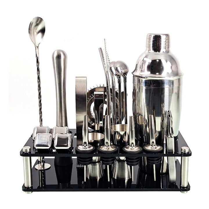 Versatile stainless steel cocktail set with stand