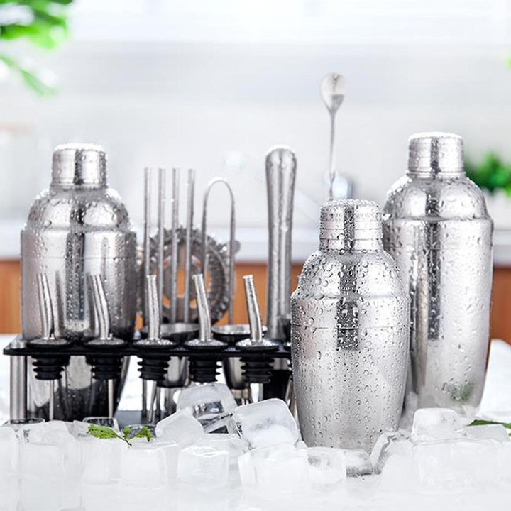 Versatile stainless steel cocktail set with stand
