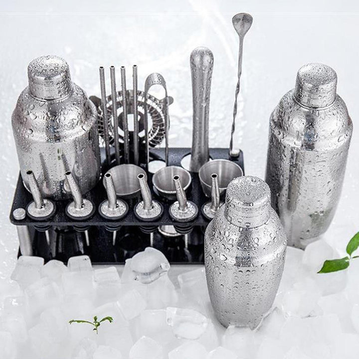 Versatile stainless steel cocktail set with stand