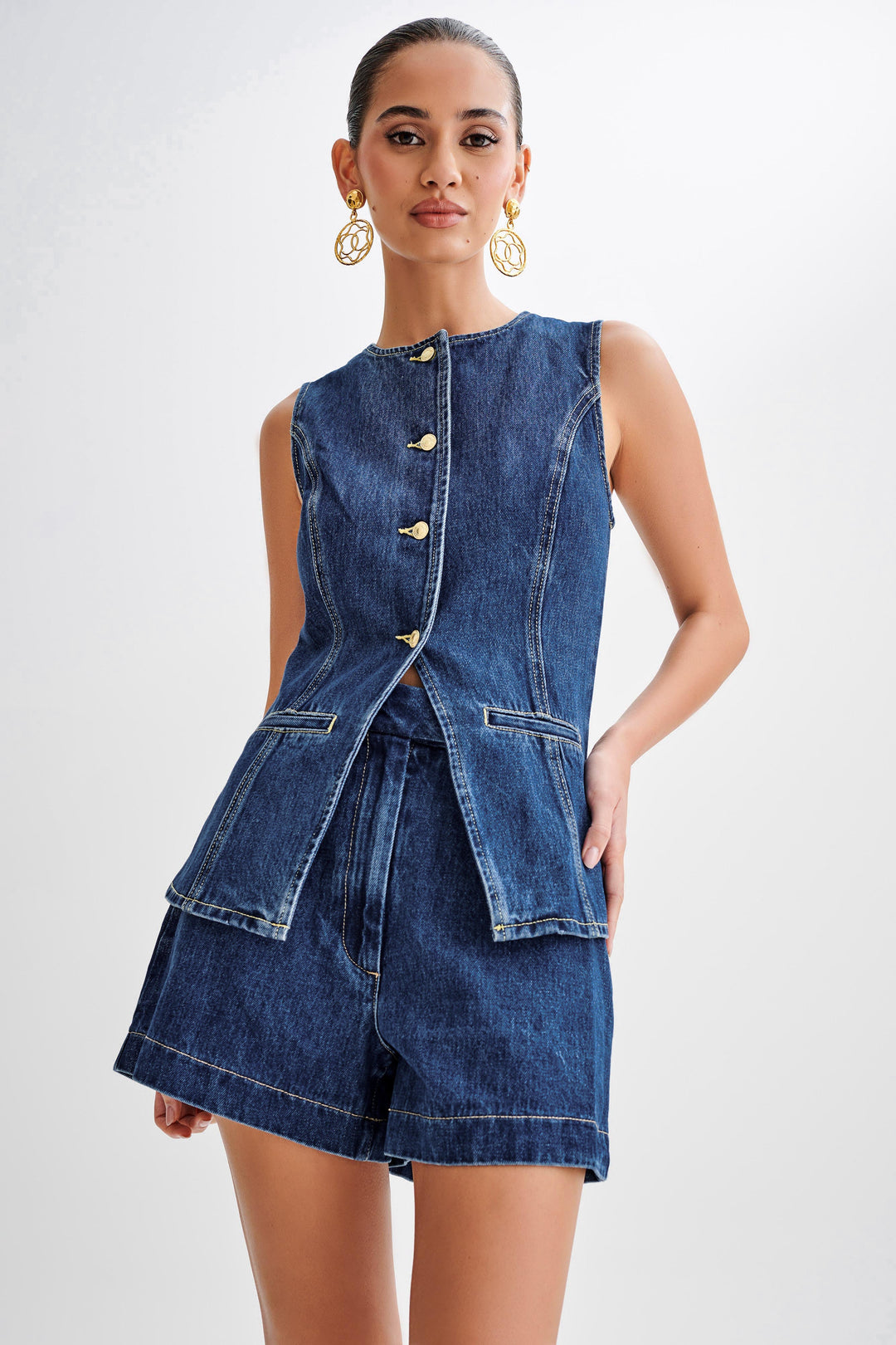 Women's Denim Set with Button Placket and Structured Silhouette
