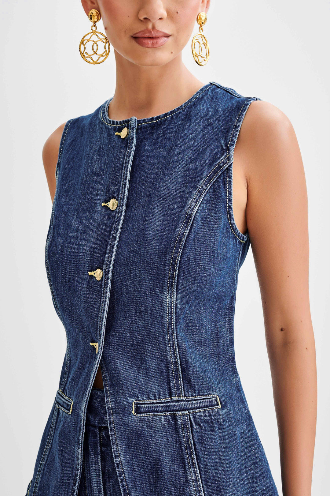 Women's Denim Set with Button Placket and Structured Silhouette