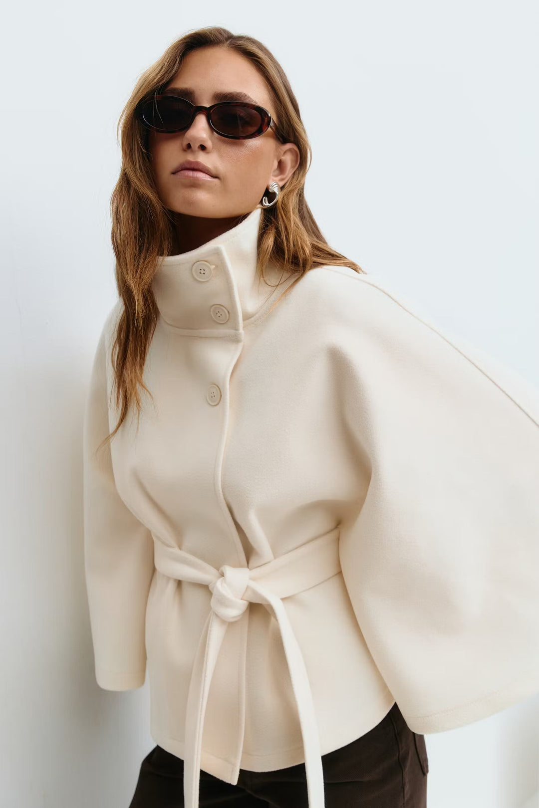 Women's Cape Coat with Belt and High Collar