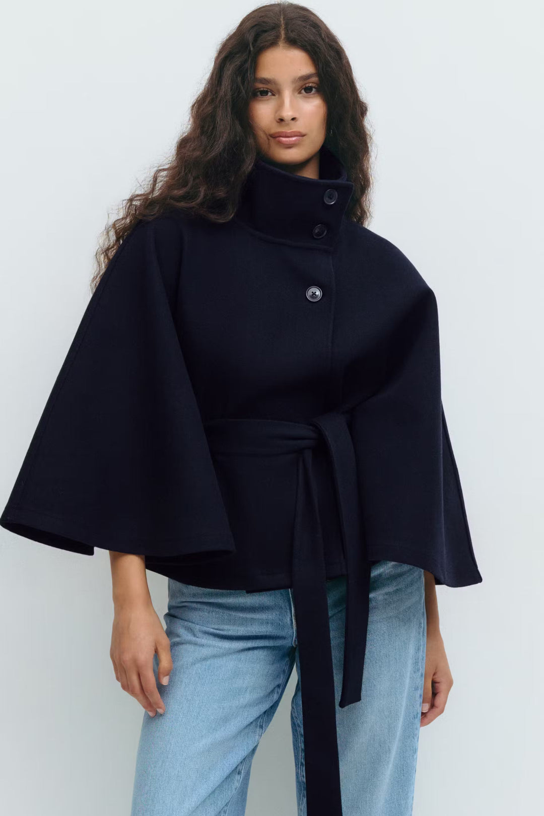 Women's Cape Coat with Belt and High Collar