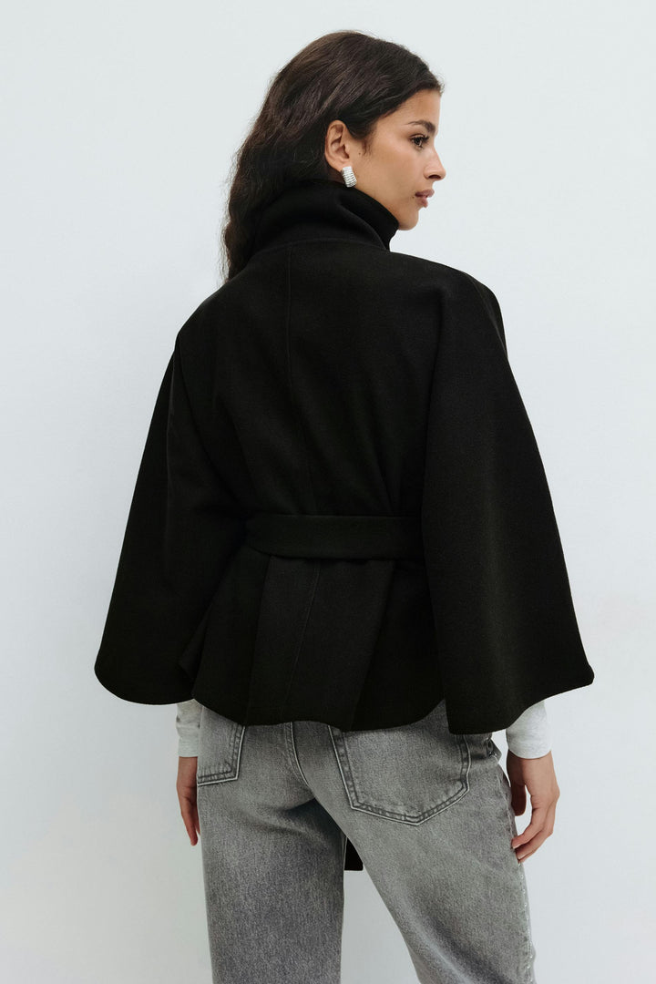 Women's Cape Coat with Belt and High Collar