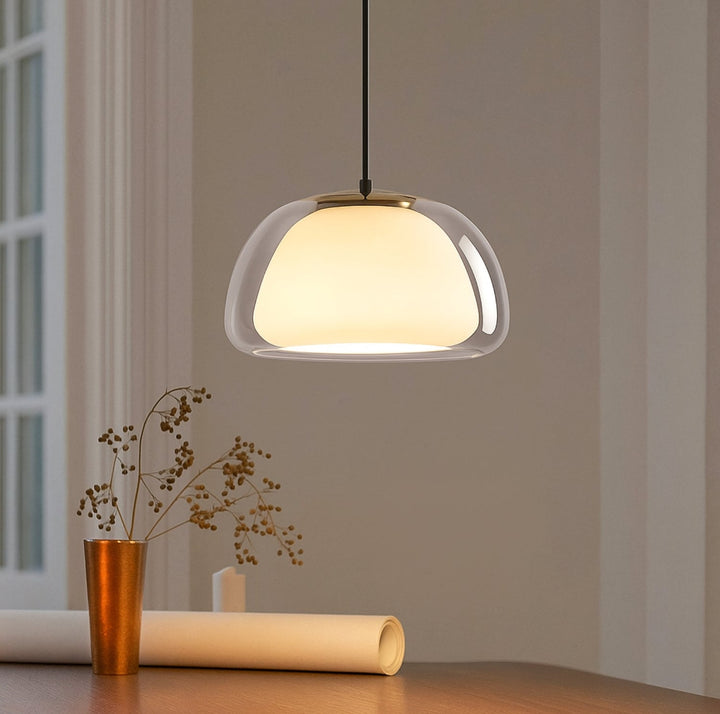 Glass pendant light with white shade and diffuser