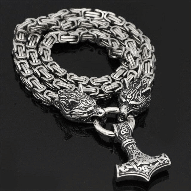 Wolf heads and Mjolnir - Symbolic necklace or bracelet for men