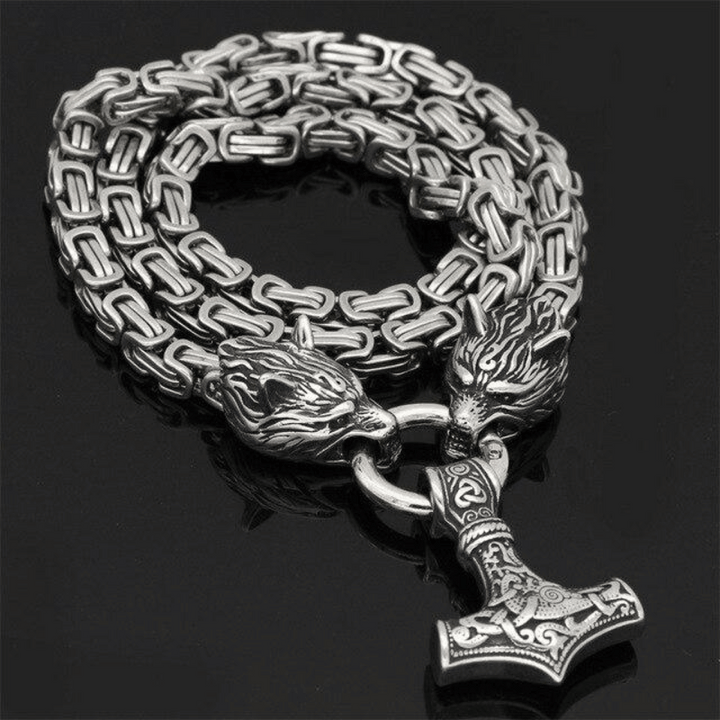 Wolf heads and Mjolnir - Symbolic necklace or bracelet for men
