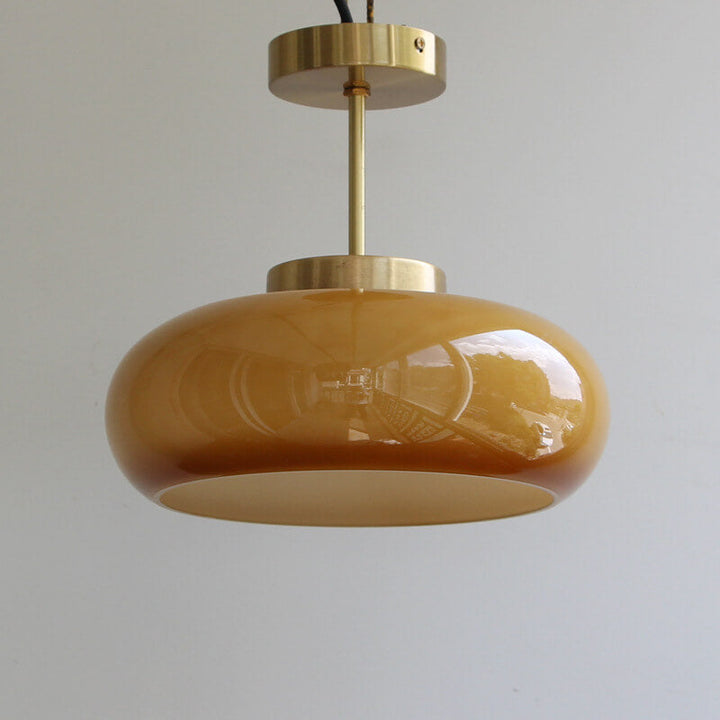 Vintage ceiling light, yellow glass &amp; brass – semi-flat &amp; modern