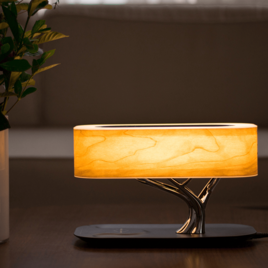 Designer LED table lamp with wood look, Bluetooth speaker and wireless charging function