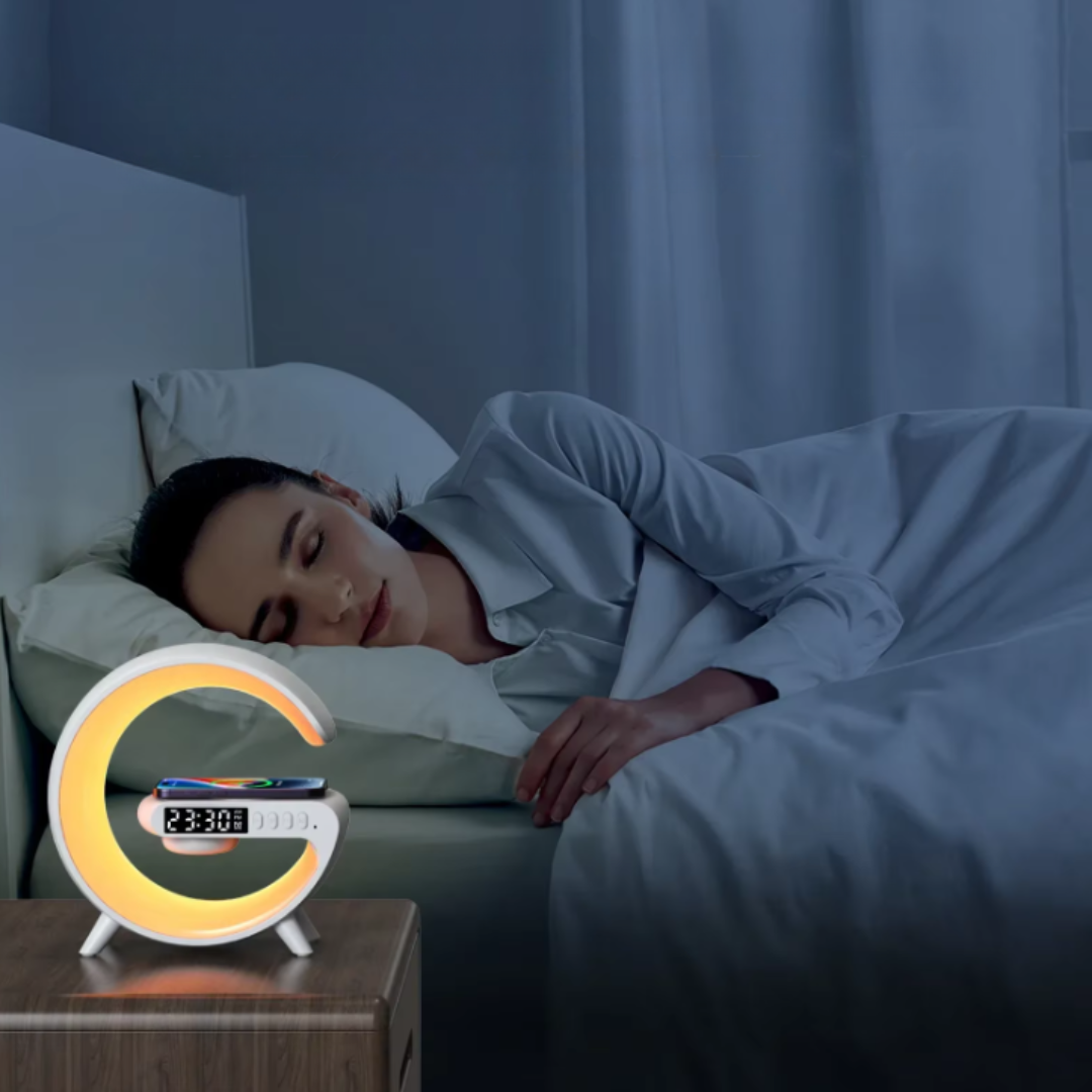 Multifunctional table lamp with alarm clock, Bluetooth and wireless charging station