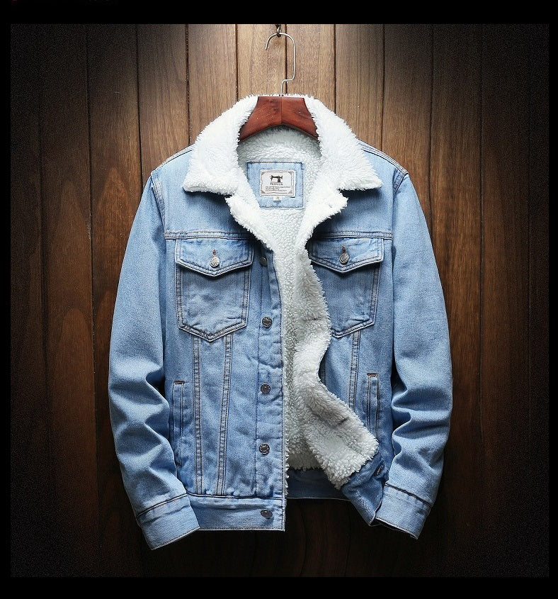 Men's denim jacket with fur lining and button placket