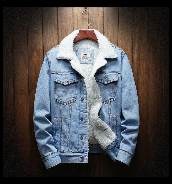 Men's denim jacket with fur lining and button placket