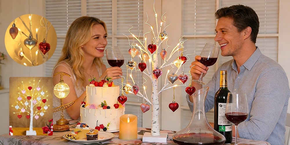 Moderner LED Deko Baum mit Herzanhängern als Geschenkidee und Tischdeko