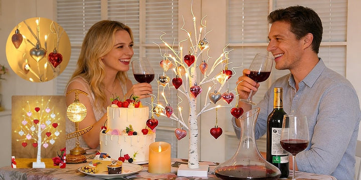 Moderner LED Deko Baum mit Herzanhängern als Geschenkidee und Tischdeko