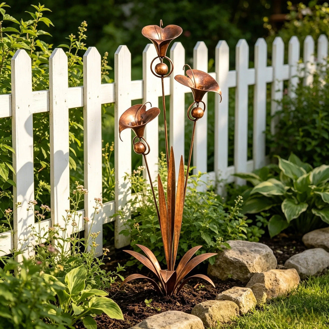 Gartenstecker aus Eisen mit Calla-Lilien und Windglöckchen im Garten