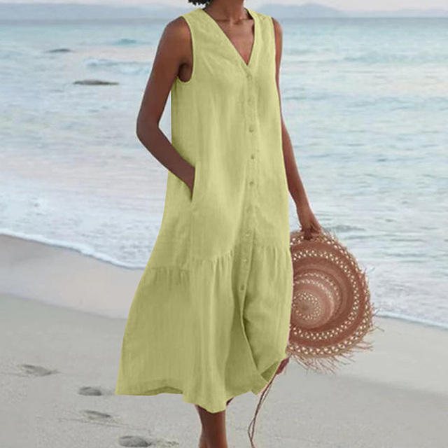 Women's summer dress with button placket and V-neck
