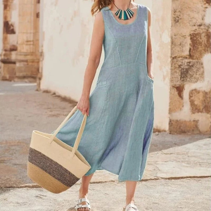 Women’s Sleeveless Cotton Linen Dress with Pockets