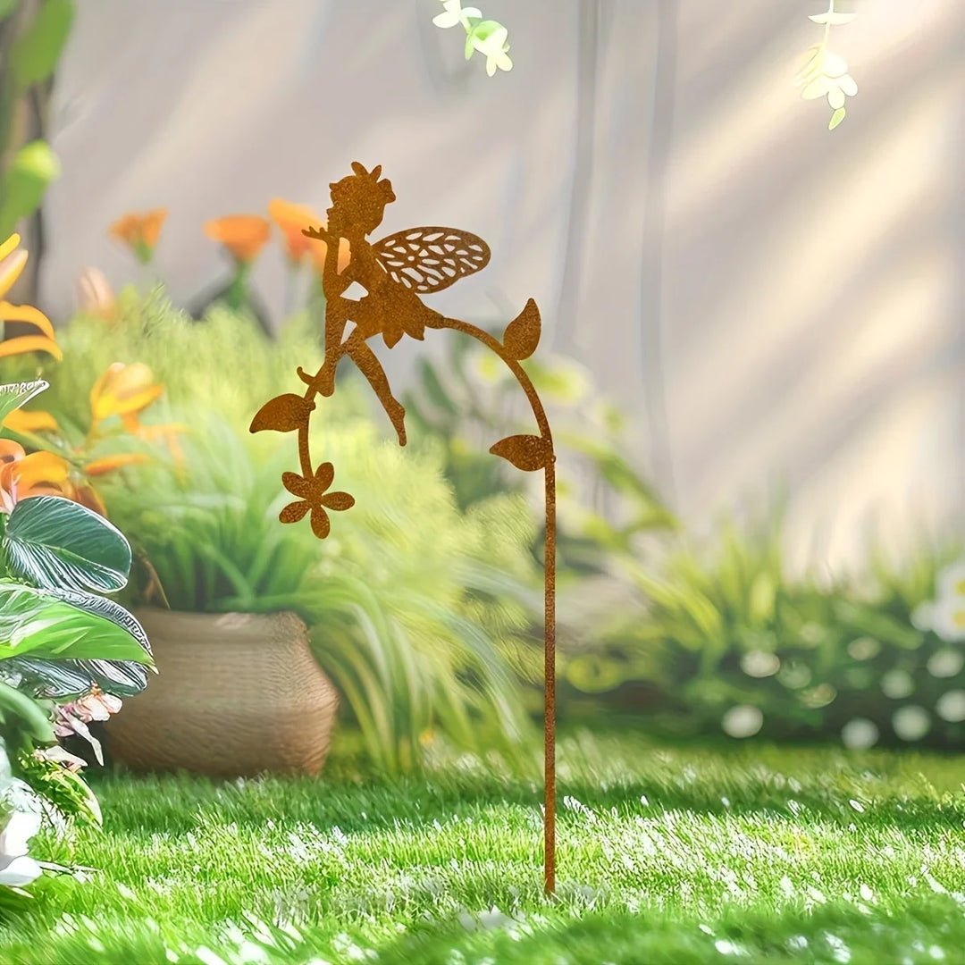 Gartenstecker Blumenfee aus Metall in Rostoptik für Beet und Garten