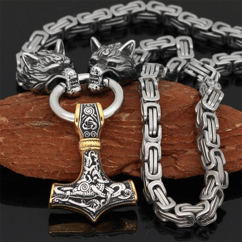 Wolf heads and Mjolnir - Symbolic necklace or bracelet for men