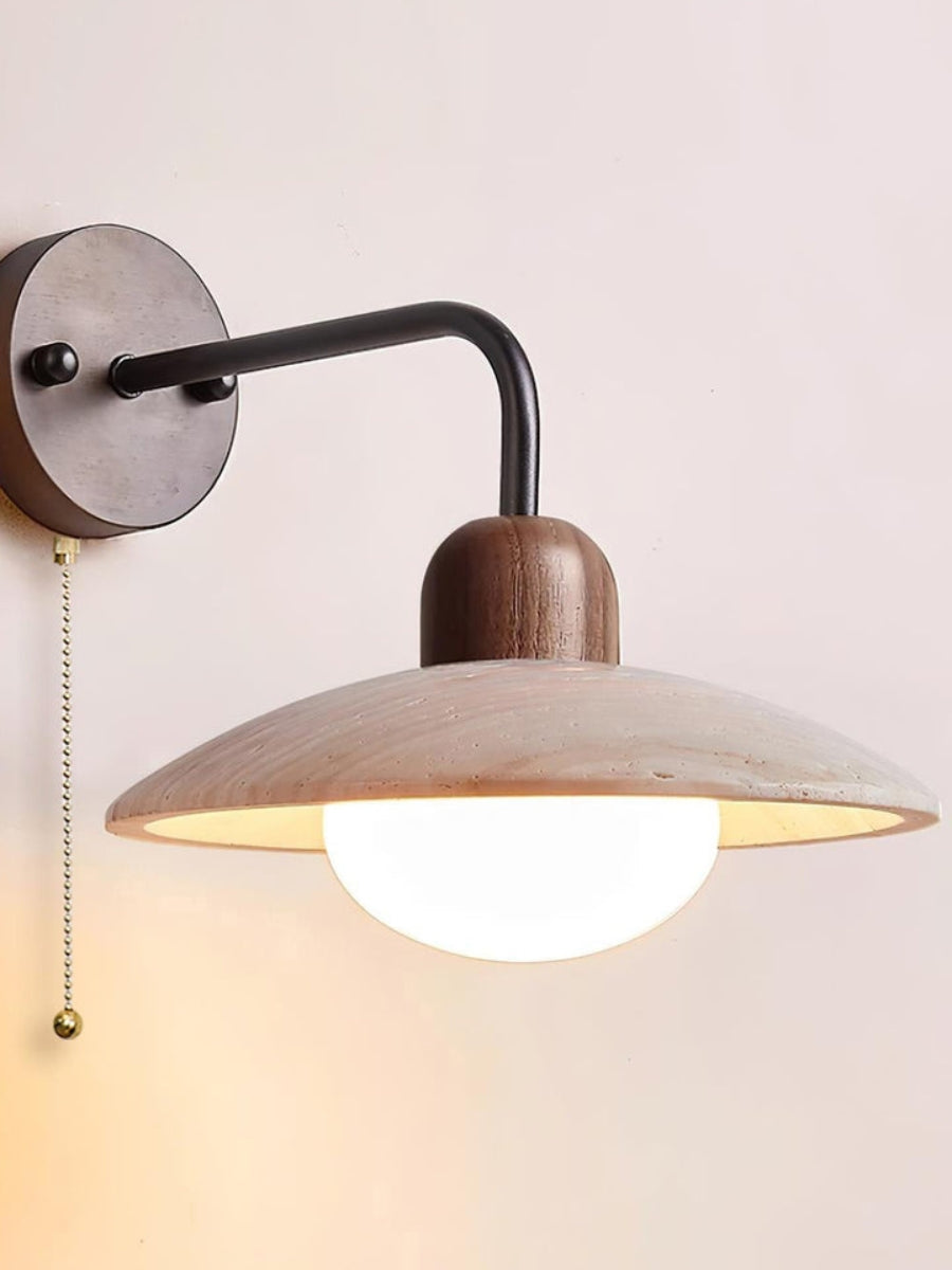 Modern travertine wall light – disc shape with wood and metal elements