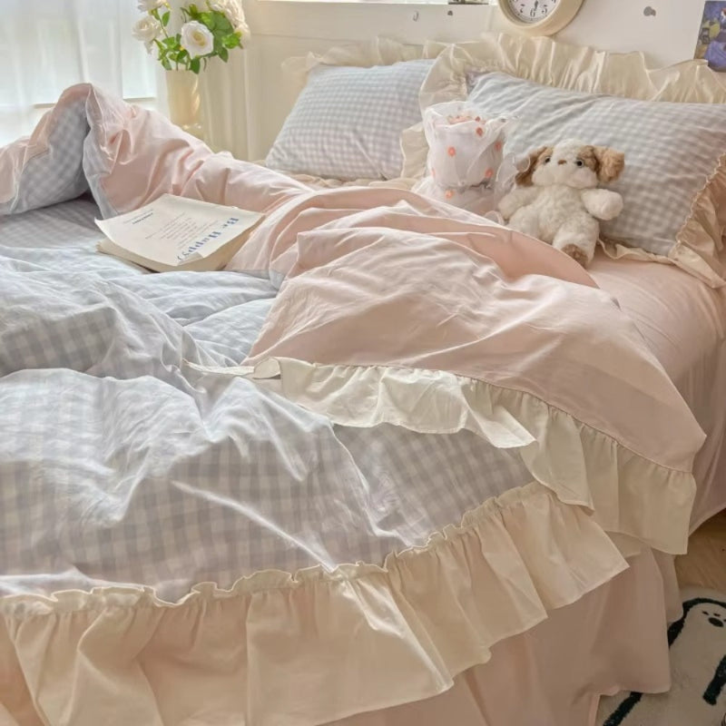 Checkered bedding set – gingham pattern with ruffled edges 