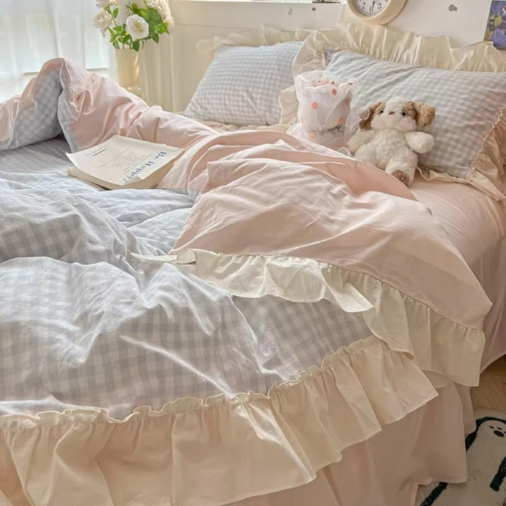 Checkered bedding set – gingham pattern with ruffled edges 