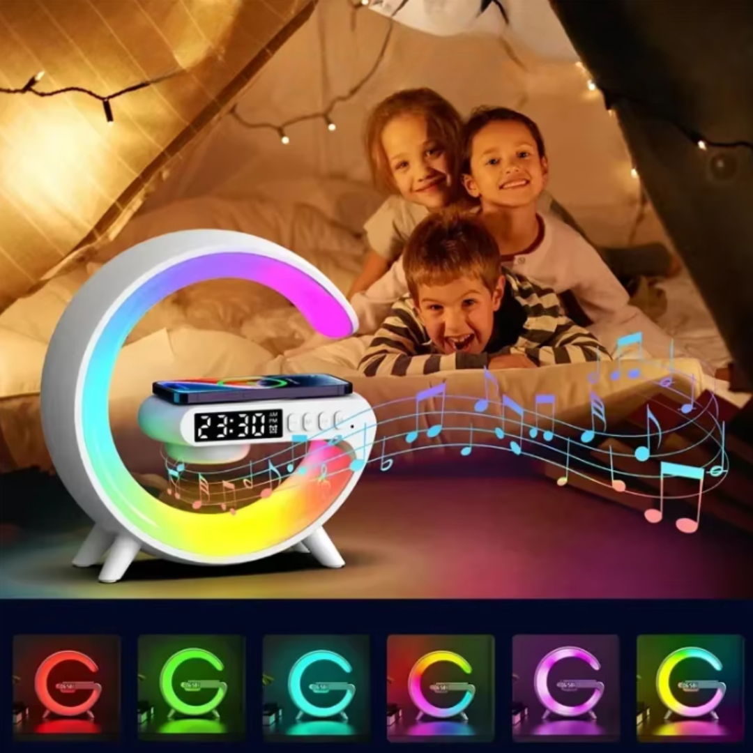 Multifunctional table lamp with alarm clock, Bluetooth and wireless charging station