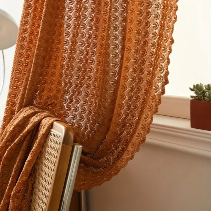 Boho crochet curtain – tulle curtain with a checkered pattern in warm orange