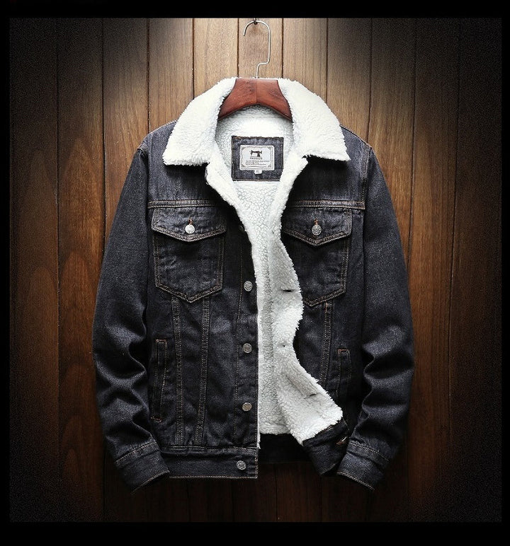 Men's denim jacket with fur lining and button placket