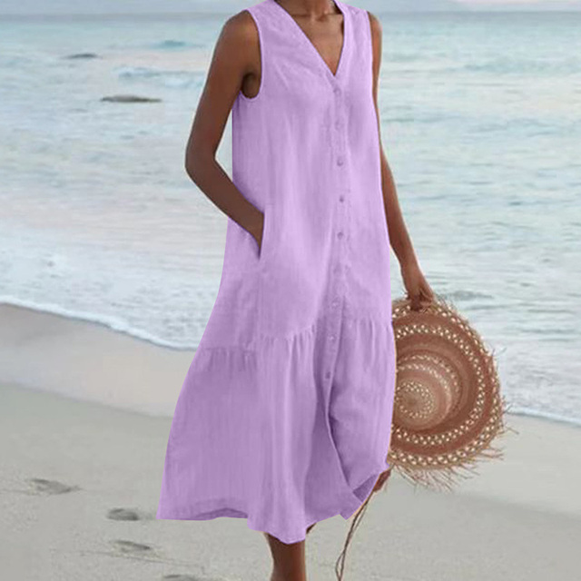 Women's summer dress with button placket and V-neck