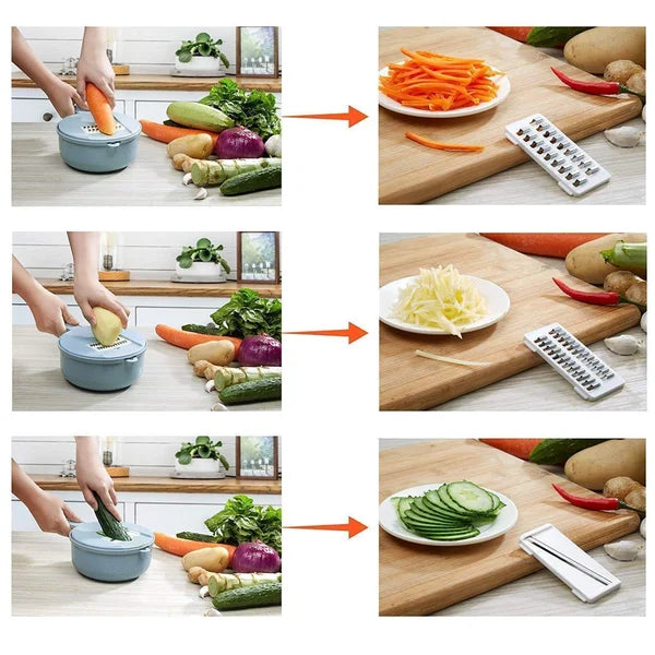 12-in-1 vegetable slicer with interchangeable blades and collection container