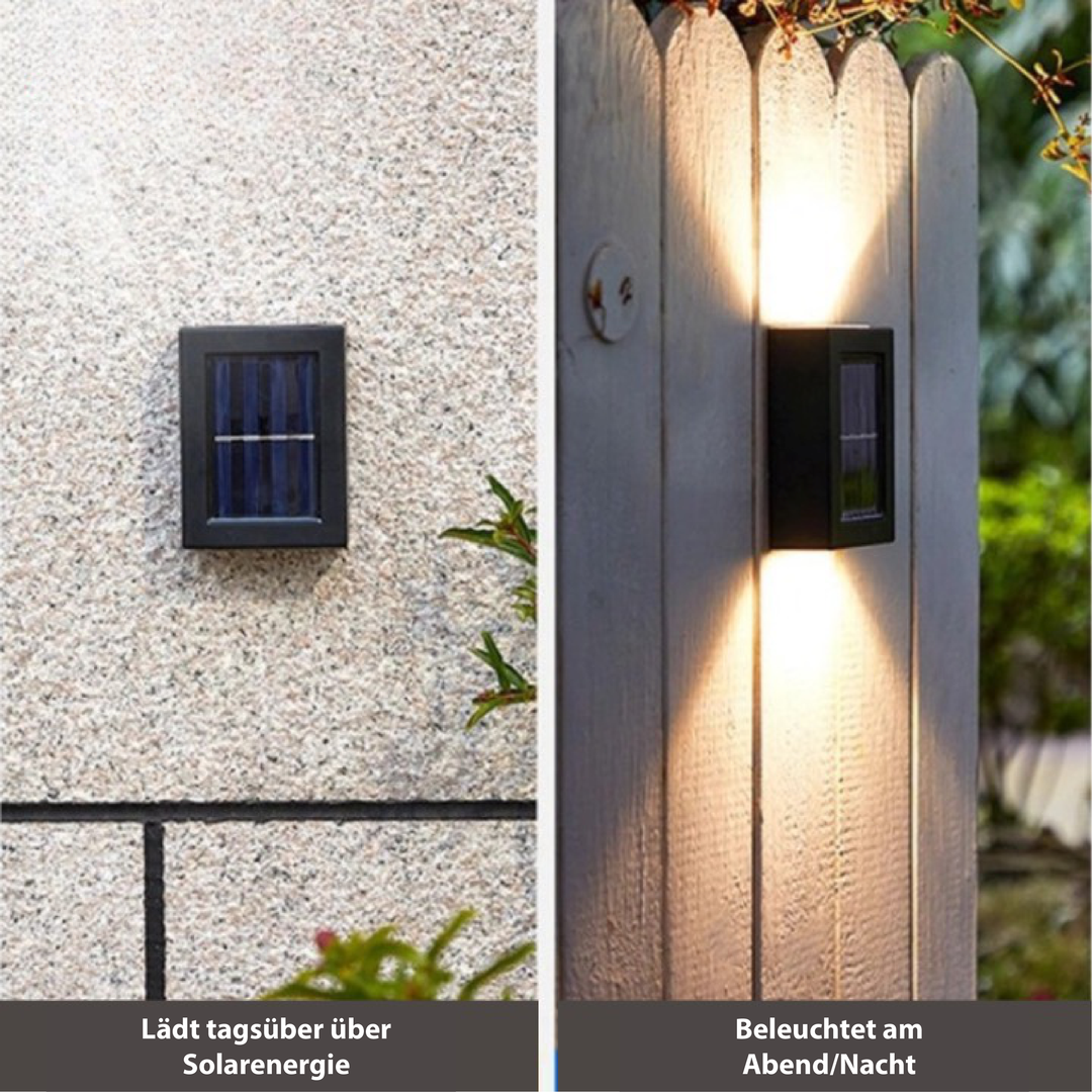 Solar-powered LED wall light for garden and path lighting