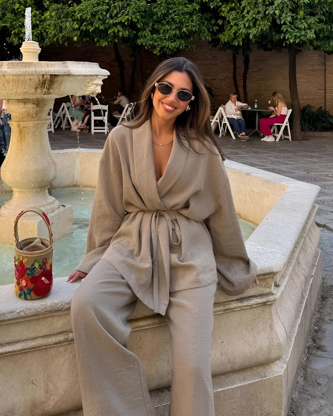 Women's Two-Piece Linen Set with Tie Belt