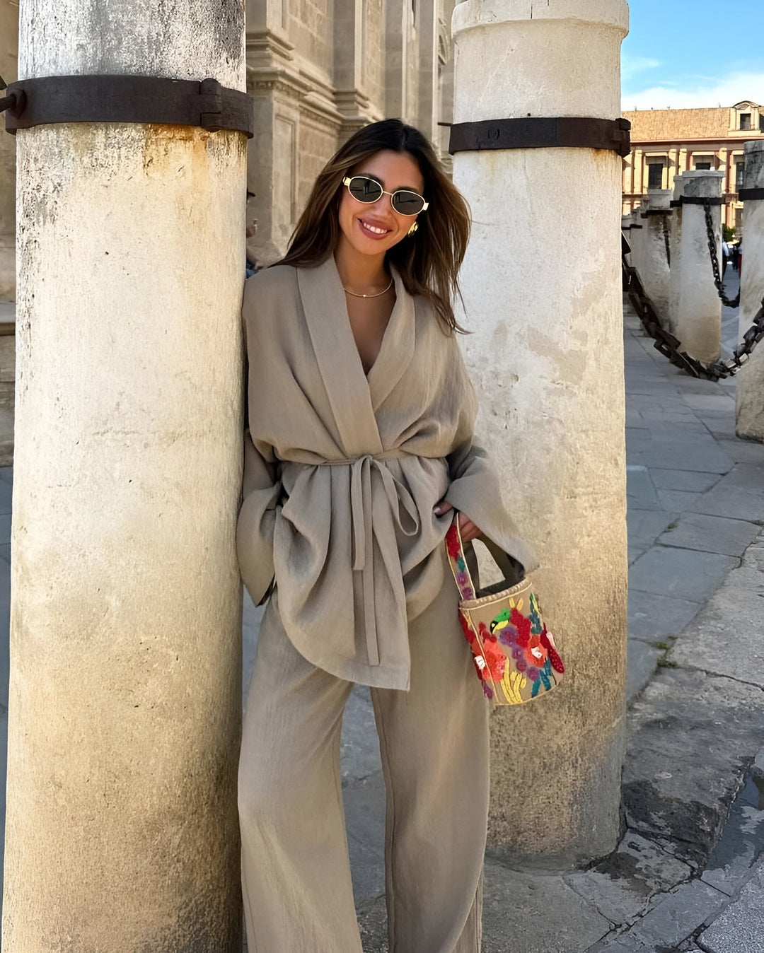 Women's Two-Piece Linen Set with Tie Belt