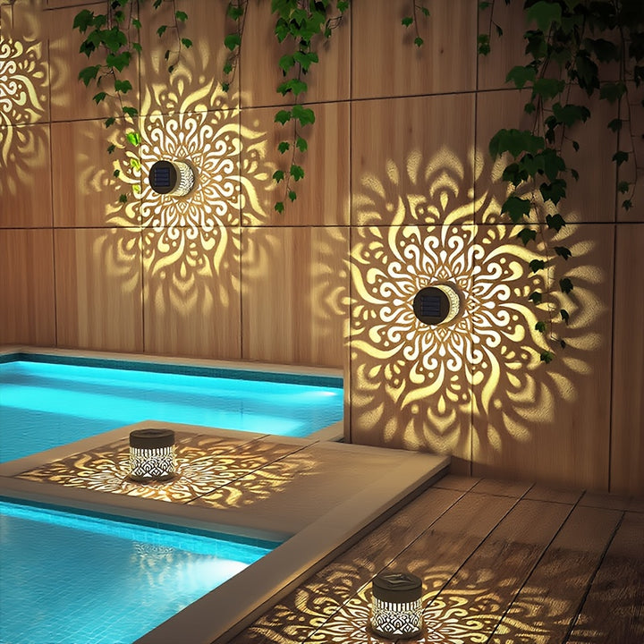 Solar outdoor wall lights with decorative pattern and warm light
