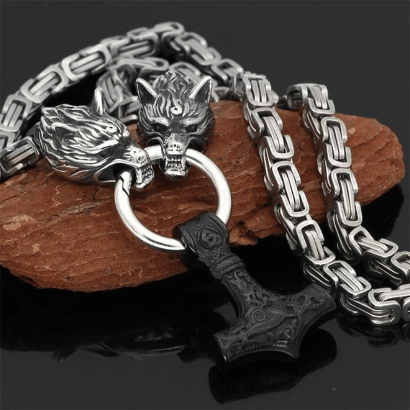 Wolf heads and Mjolnir - Symbolic necklace or bracelet for men
