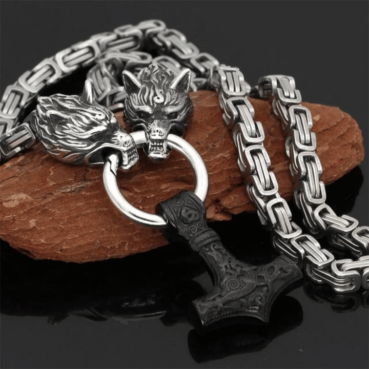 Wolf heads and Mjolnir - Symbolic necklace or bracelet for men