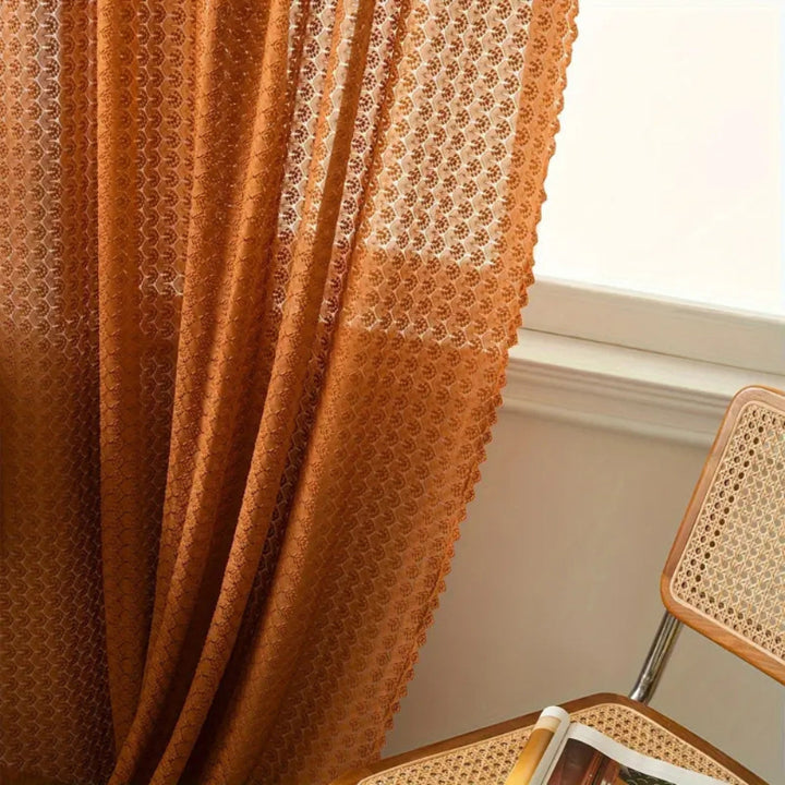 Boho crochet curtain – tulle curtain with a checkered pattern in warm orange