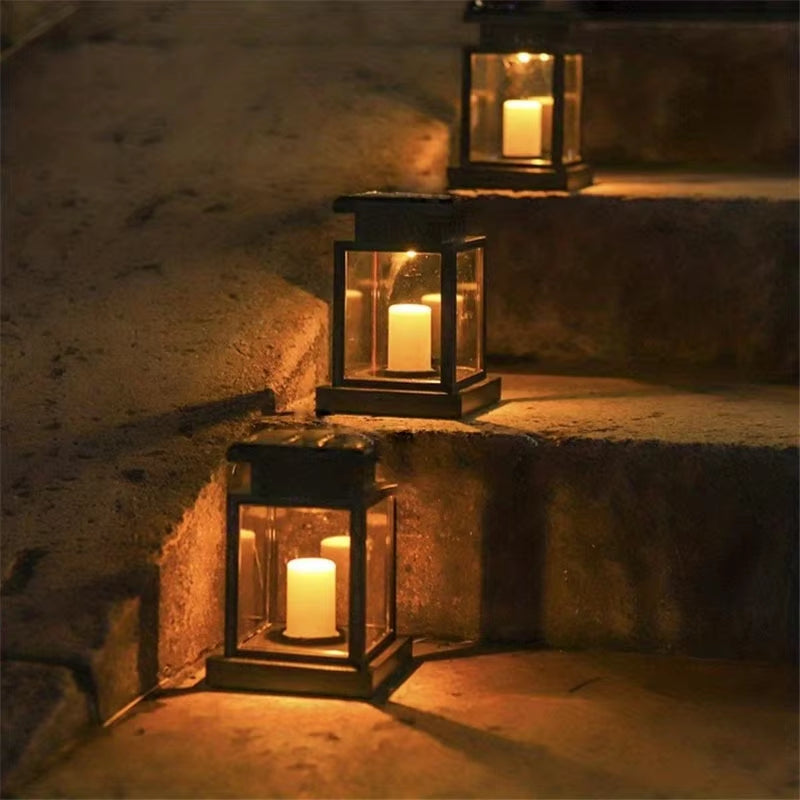 Solar-powered retro garden lantern with LED candle light for atmospheric nights