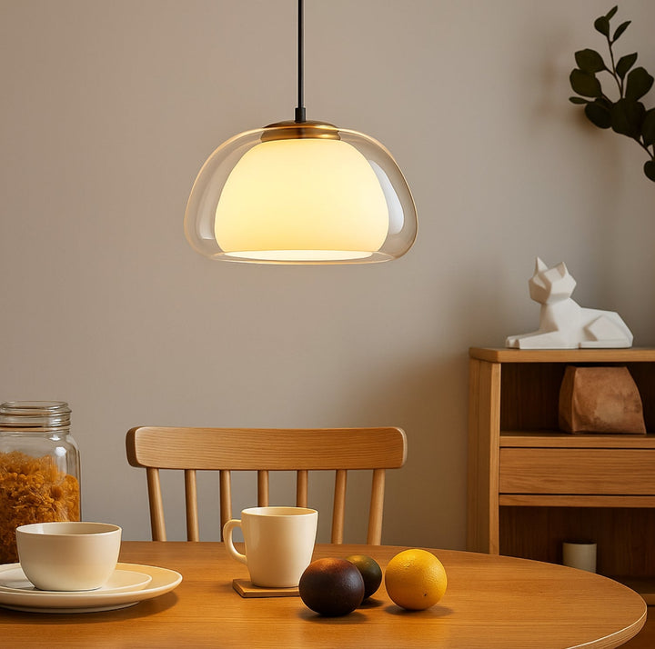 Glass pendant light with white shade and diffuser