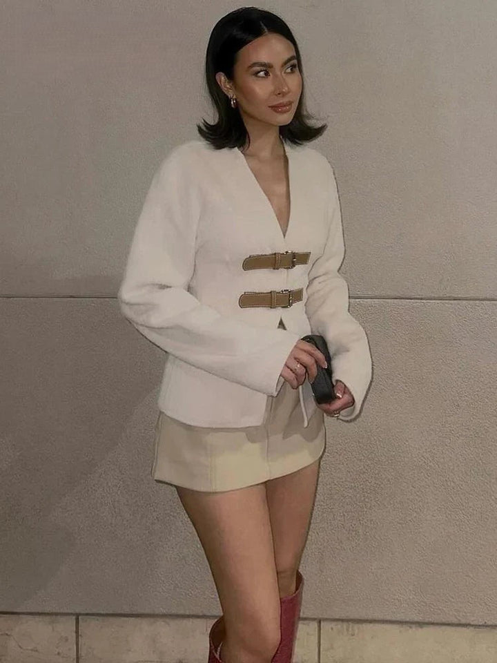 Women's wool jacket with leather elements and a slim fit