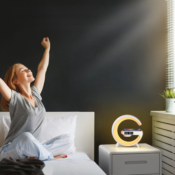 Multifunctional table lamp with alarm clock, Bluetooth and wireless charging station